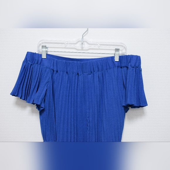 Maggy London Size 10 Blue Pleated Off The Shoulder High-Low Midi Dress A-Line - Picture 12 of 16